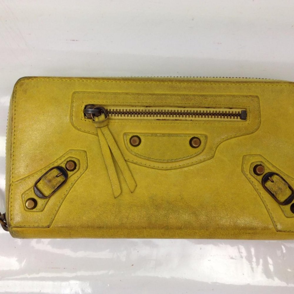 Authentic Balenciaga Leather Zippy Zip Around Long Wallet Yellow Lambskin